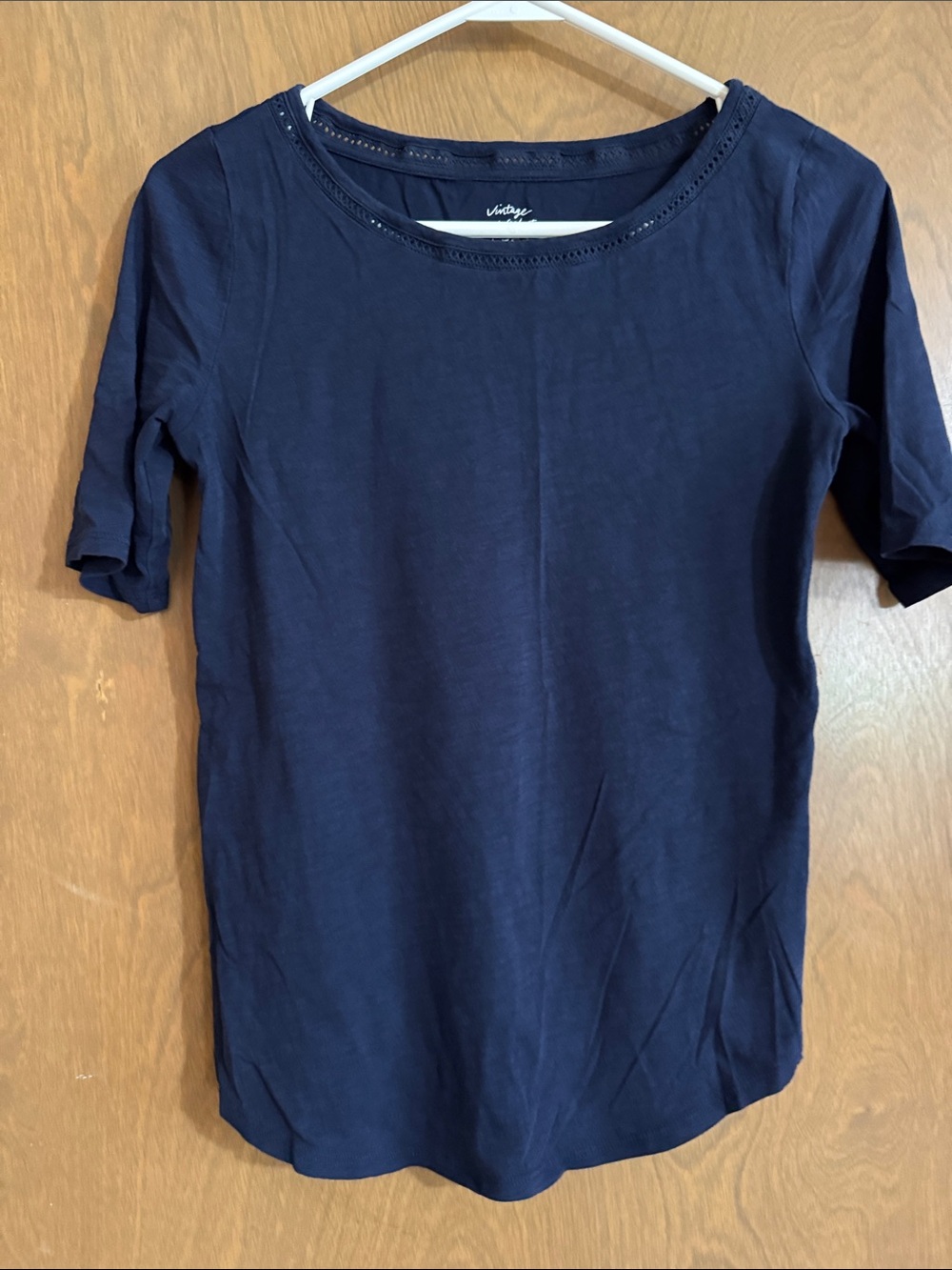 LOFT Navy Short Sleeve Scoop Tee with Eyelet Neck Trim